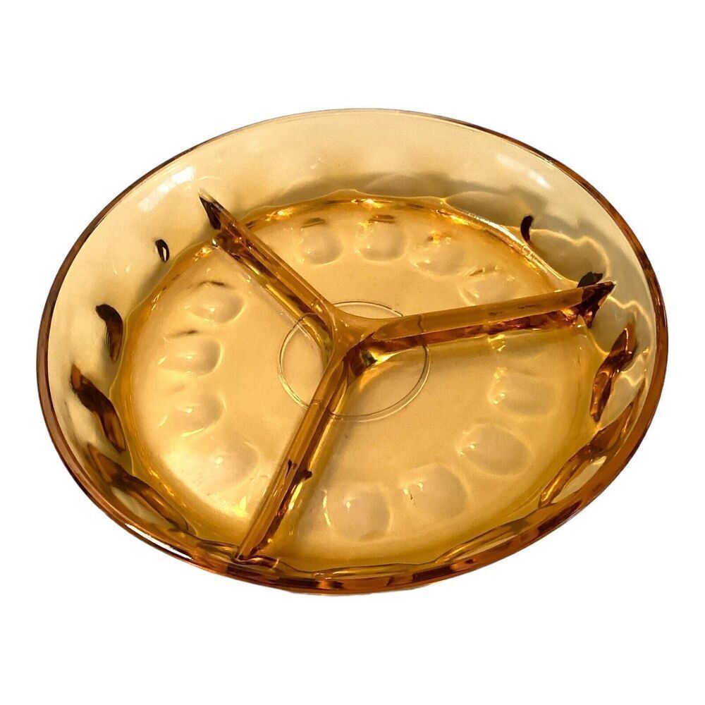 VINTAGE Gold Indiana Glass Thumbprint Pattern Round Divided Relish Dish